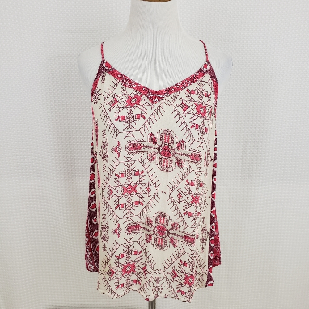 Lucky Brand Tank Top Boho Southwestern Aztec Top Ivory Coral Flowy size Small